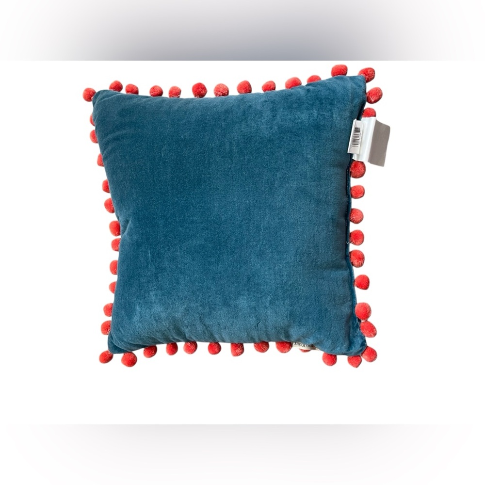 PRIMITIVES BY KATHY Blue Pillow with Coral Text and Pom-Poms “Good Vibes” - Picture 6 of 8